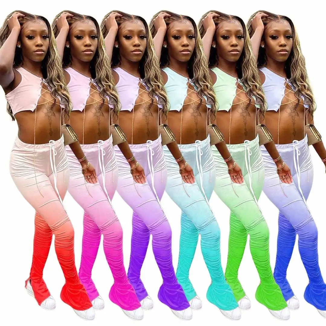 

QC-Pleated Gradient Sleeveless stacked Crop Top Fashion Women 2 Two Piece Set, As picture or customized