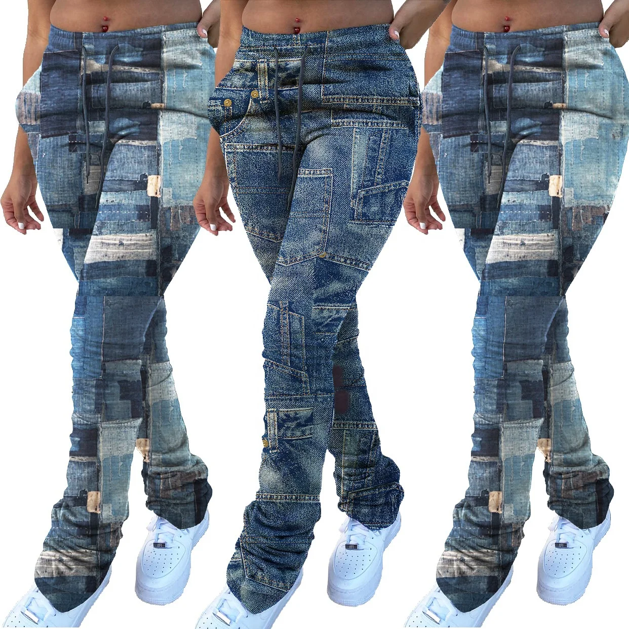 

XLL-H3618 Free Hang Tag Customized Logo Trendy Brand Denim Print Drawstring Stacked Pants 2021 woman jeans pants vendor, Picture