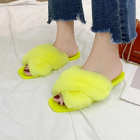 

Winter Women Plush Slides Warm Open Toe Soft Plush Furry Faux Fur Slippers Women Furry Slippers, Yellow, brown, orange, green