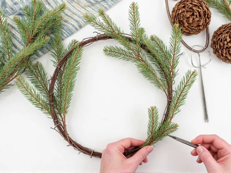Attaching pine branches to wire wreath form with floral wire