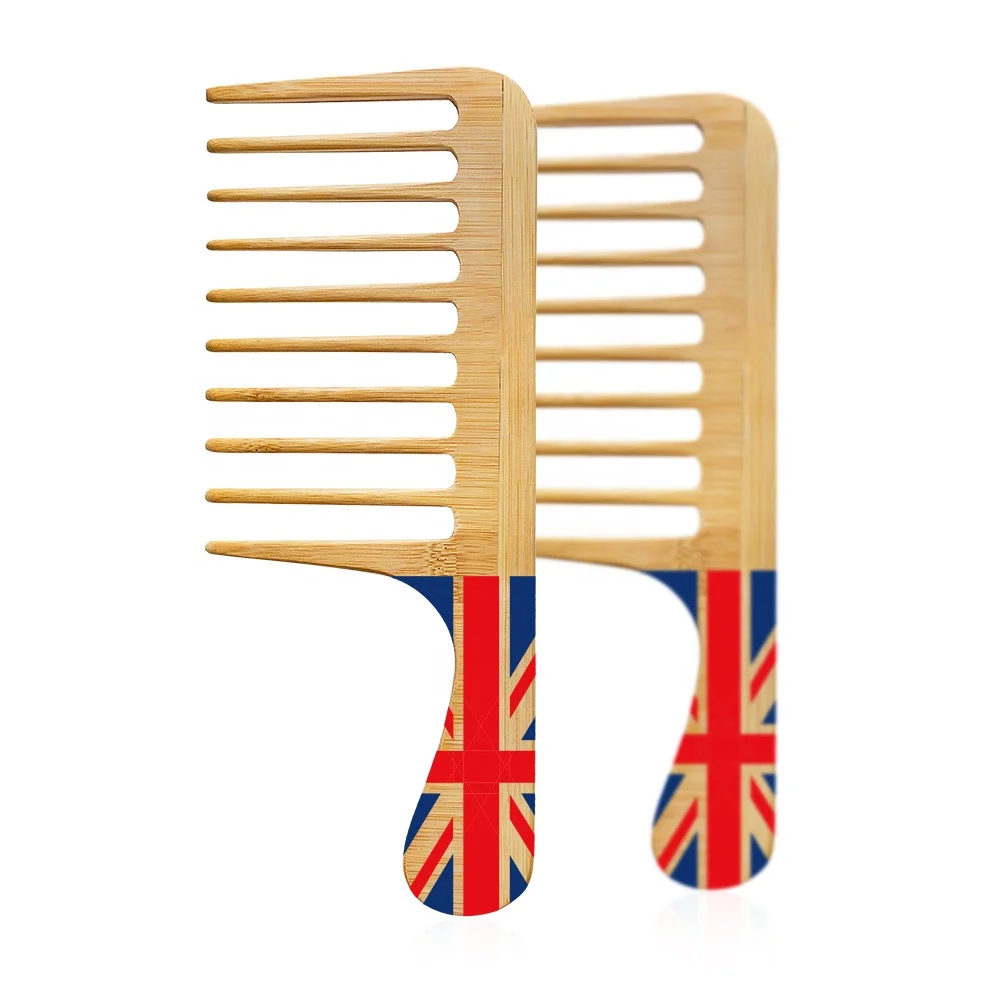 

Wholesale Eco-friendly Custom Logo UK Flag Print Natural Bamboo Wide Tooth Afro Hair Large Comb