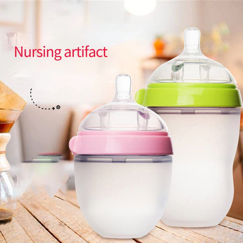 

250/150ml One-suck Baby Feeding Bottle Anti-choke Milk Bottle For Baby Imitation Breast Pretty Biberon For Silicone Baby Bottle, Green, pink