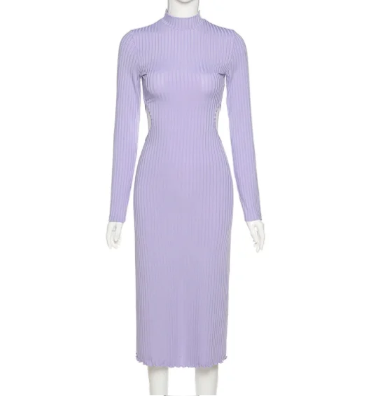 

2020 Fall Style Clothes Slim Dress Backless Long Dress Full Sleeve Party Clubwear knitted Dress Women, 3 colors