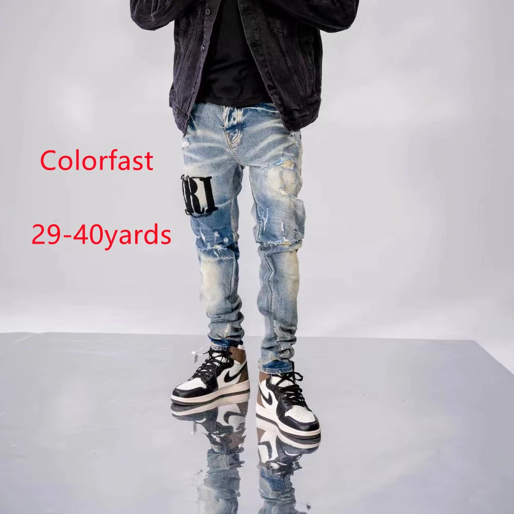 

2022 Fashion Quality 29-40 Size Ripped Straight Letter Embroidered Stretch Men's Imported Jeans, Customized color