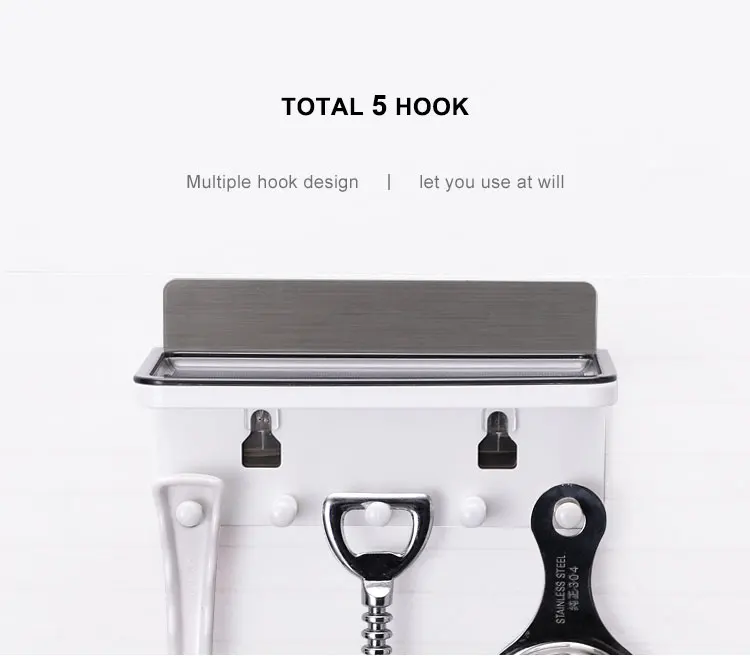 2020 Household multi-function wall mounted hanging plastic storage rack shelf with 5 hooks bathroom kitchen living room
