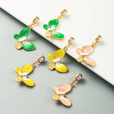 

HOVANCI 2020 Hotsale Multi Color Butterfly Drop Earrings Imitation Pearl Enamel Butterfly Dangle Earrings