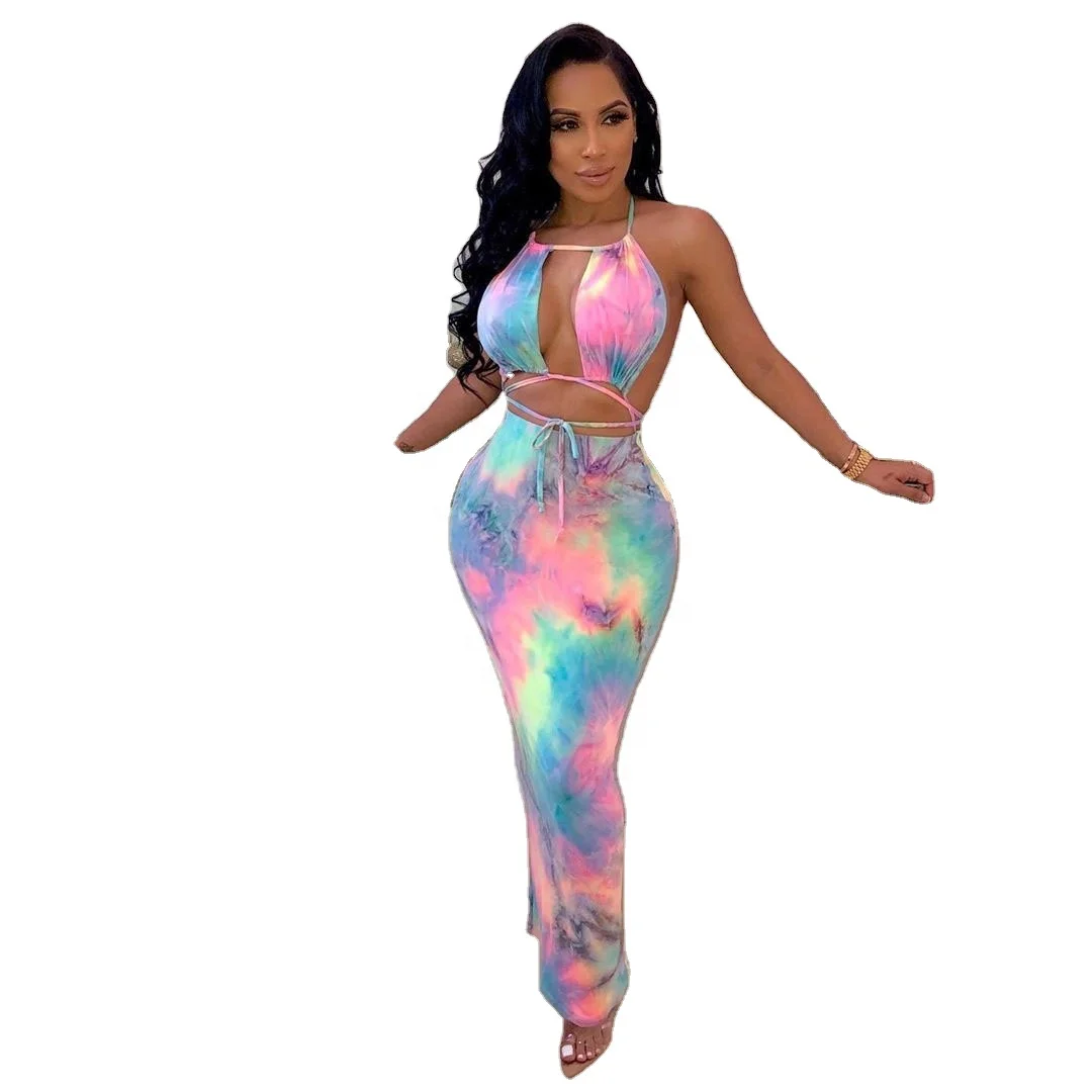 

Wholesale Women Dress 2021 Spring Summer New Tie-Dye Skirt Ladies Print Tube Top Halter Neck Tie-Dye Long Dress