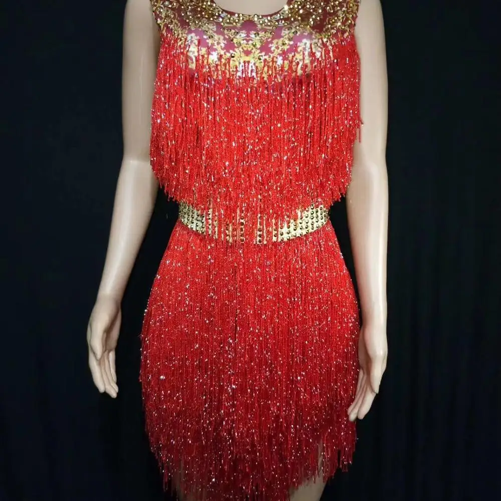 

Sparkly Red Sequined Fringes Mini Latin Dress Women Evening Wedding Prom Party Birthday Rhinestone Outfit Singer Stage Wear