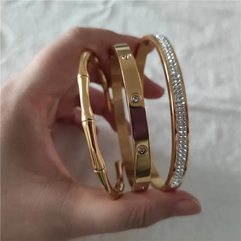 Fashion Bamboo Bangle 18K Gold Plated Diamond Bangles Bracelet Women Stainless Steel Jewelry