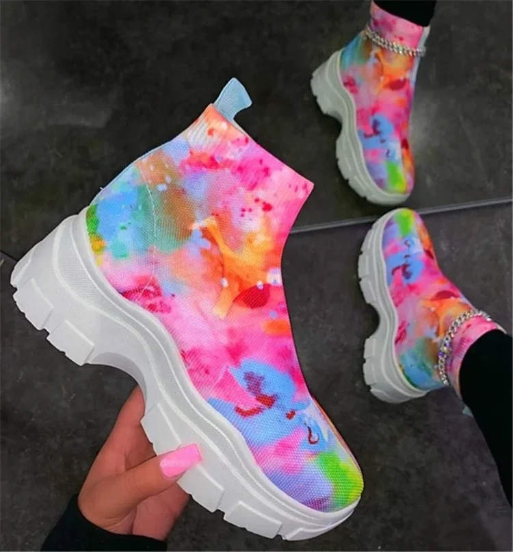 

2021 Hot Sale Thick Bottom Layer Slip on Low Top Ladies Running Shoes Fashionable Printed Elastic Sneaker Women Casual Shoes, Pink mixed