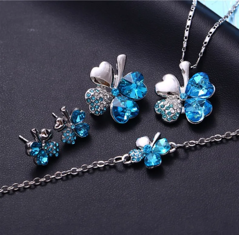 

Zirconia Jewelry Austrian Crystal Earrings Necklace Bracelet Sweet Lucky Grass Bride Wedding Jewelry Sets