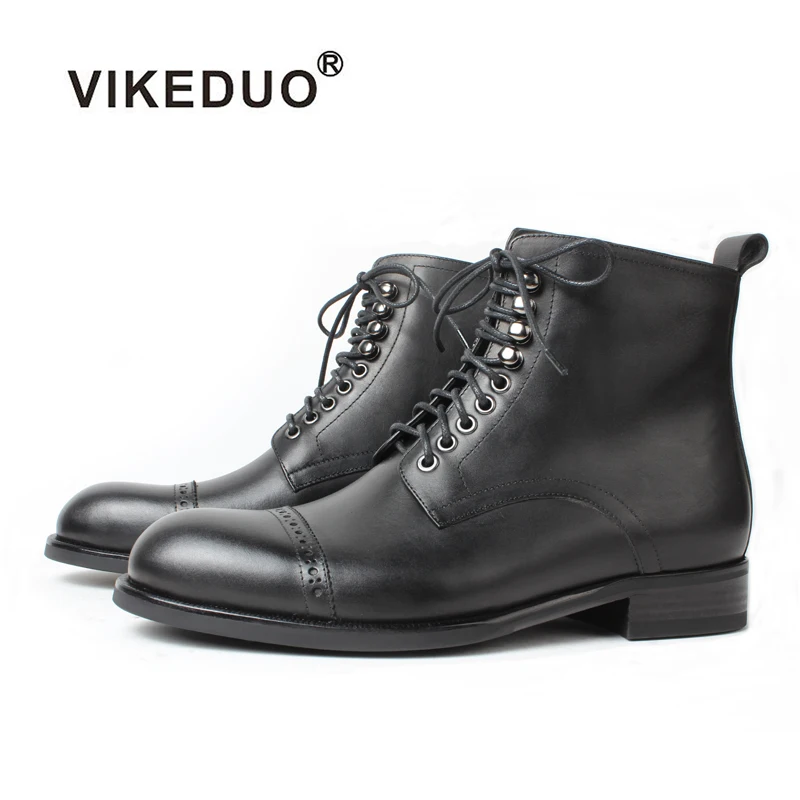 

Vikeduo Hand Made Fashion Design Black Calfskin Men Genuine Leather Boot Man Martin Boots For Men Shoes