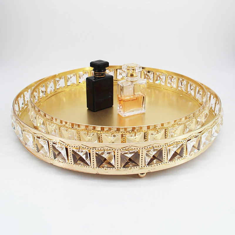 

Home decoration round crystal decorative tray metal glass mirror plate storage trays, Gold
