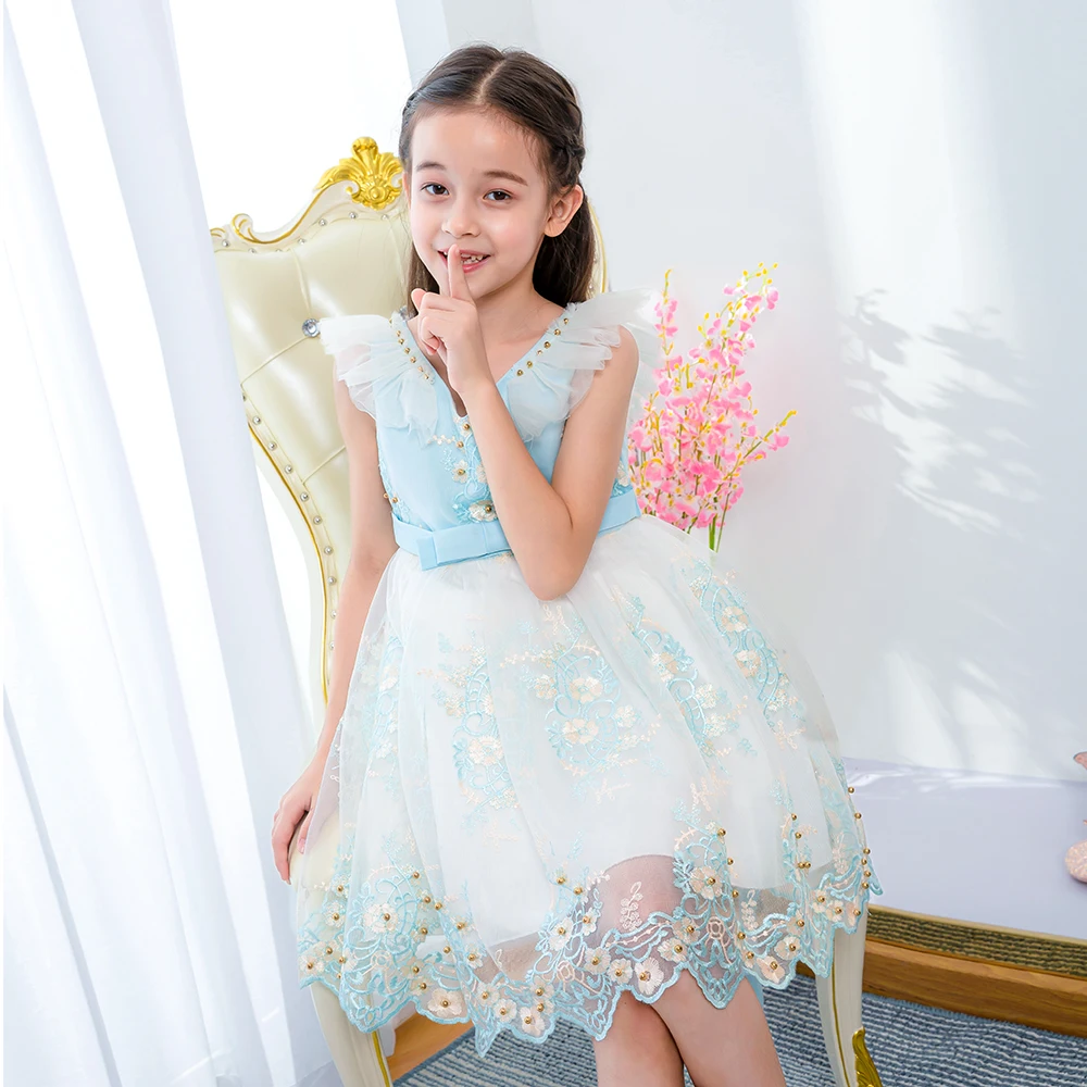 

8Years New Children Clothes Stock Baby Girl Kids Frock Design Sleeveless Wedding Ball Gown L5206, Blue