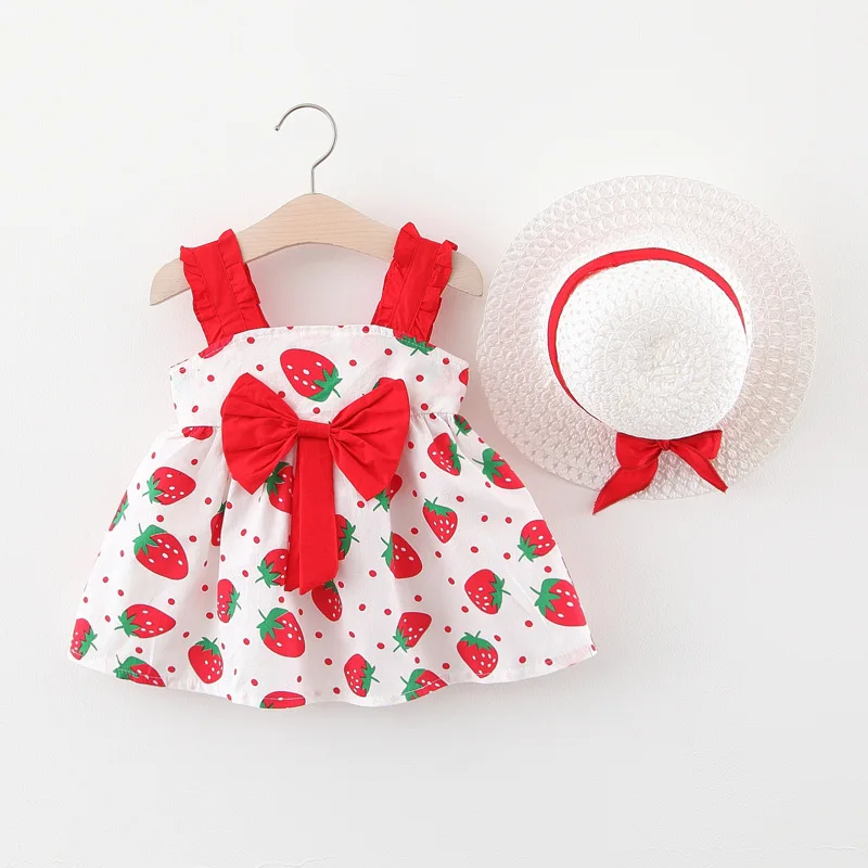 

Summer New Strawberry Bow Cotton Skirt Korean Style Baby Girl Summer Dress Send Straw Hat