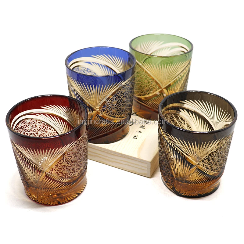 

In stock cut to clear glass cup colored glass Japanese Kiriko, Blue green red black