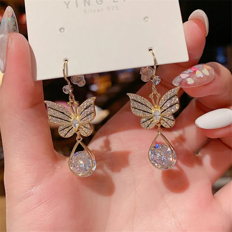 

pendiente fashion temperament butterfly zircon pendant earrings hook niche design sense crystal earrings women jewelry