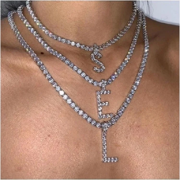 

Yingchao 2020 Fashion Statement Silver Bling Diamond Crystal Rhinestone Tennis 26 Letter Initial Necklace for Women Jewelry