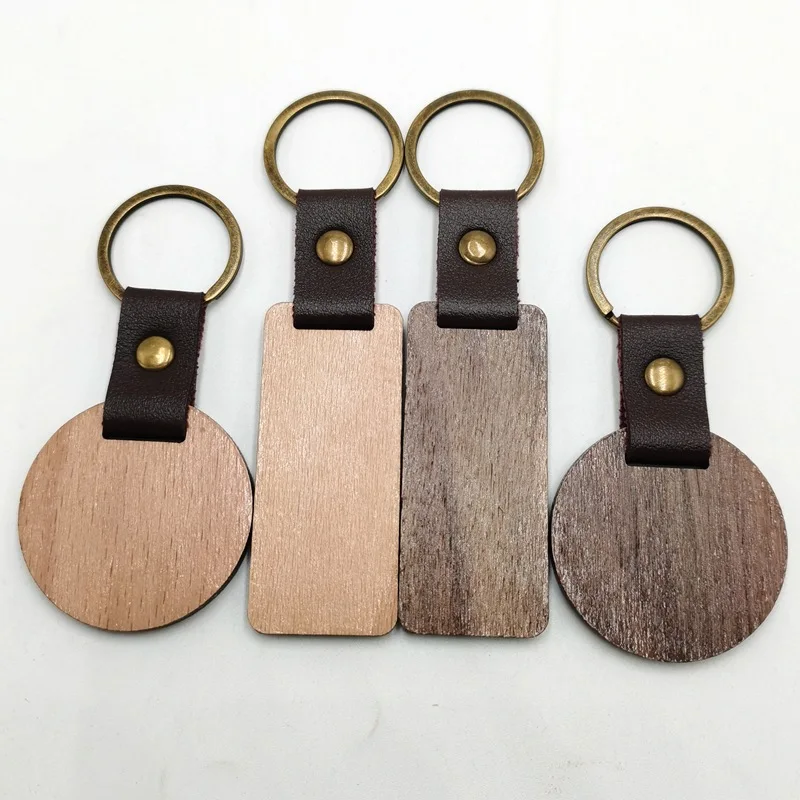

Beech Wood Keychain Blank Wood Key chains Unfinished Walnut Laser Engrave DIY Key Tags Custom wooden keychain with leather strap