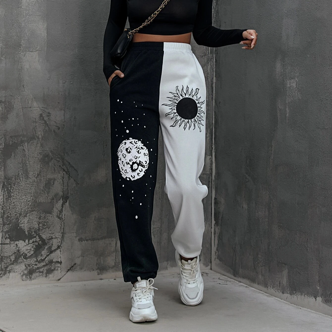 

Women's Clothing Street Hipster Loose High Waist Straight Trousers Unisex Streetwear Casual Pants Women Sweatpants, Blac&white/black