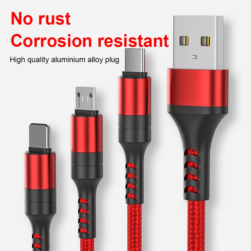 

Nylon Phone Multifunction Accesory 3in1 Data Line 3 In 1 Usb Charger Fast Charging Cable, Red, black, yellow