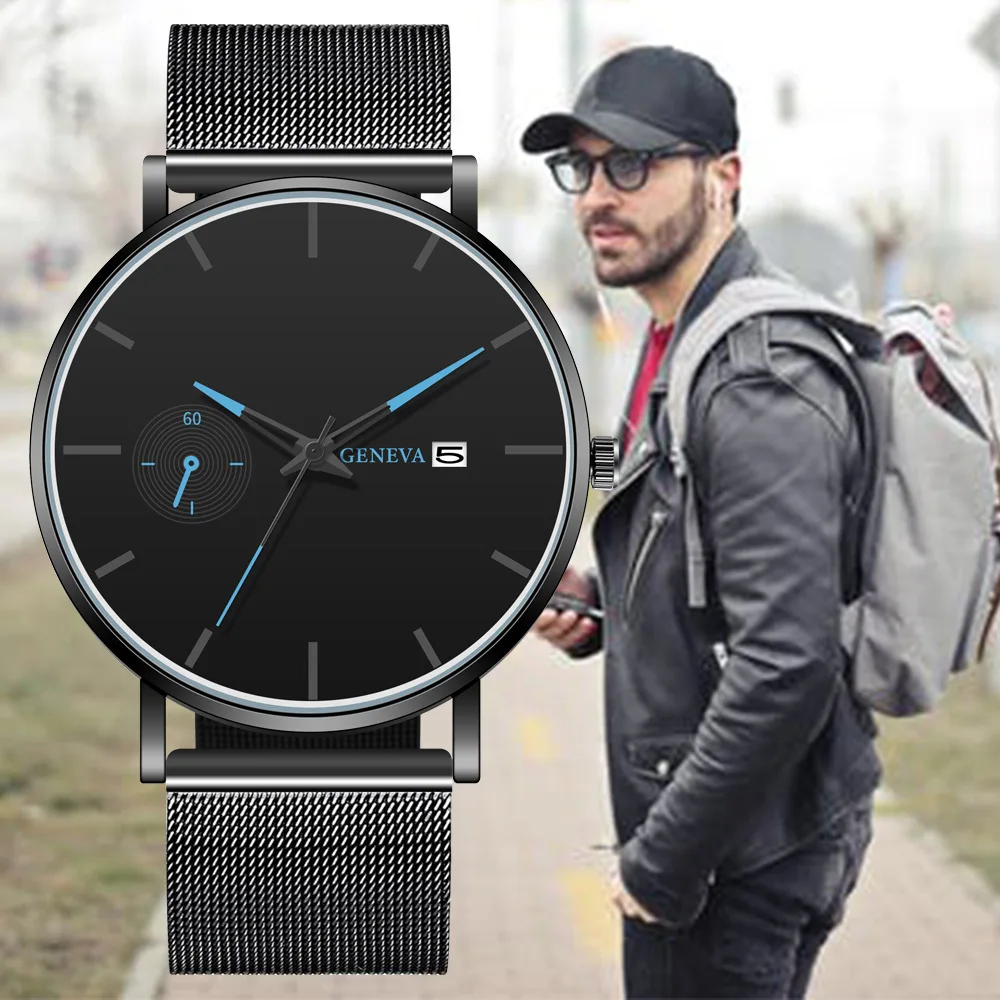 

New men's GENEVA monocular Roman scale calendar mesh strap quartz watch