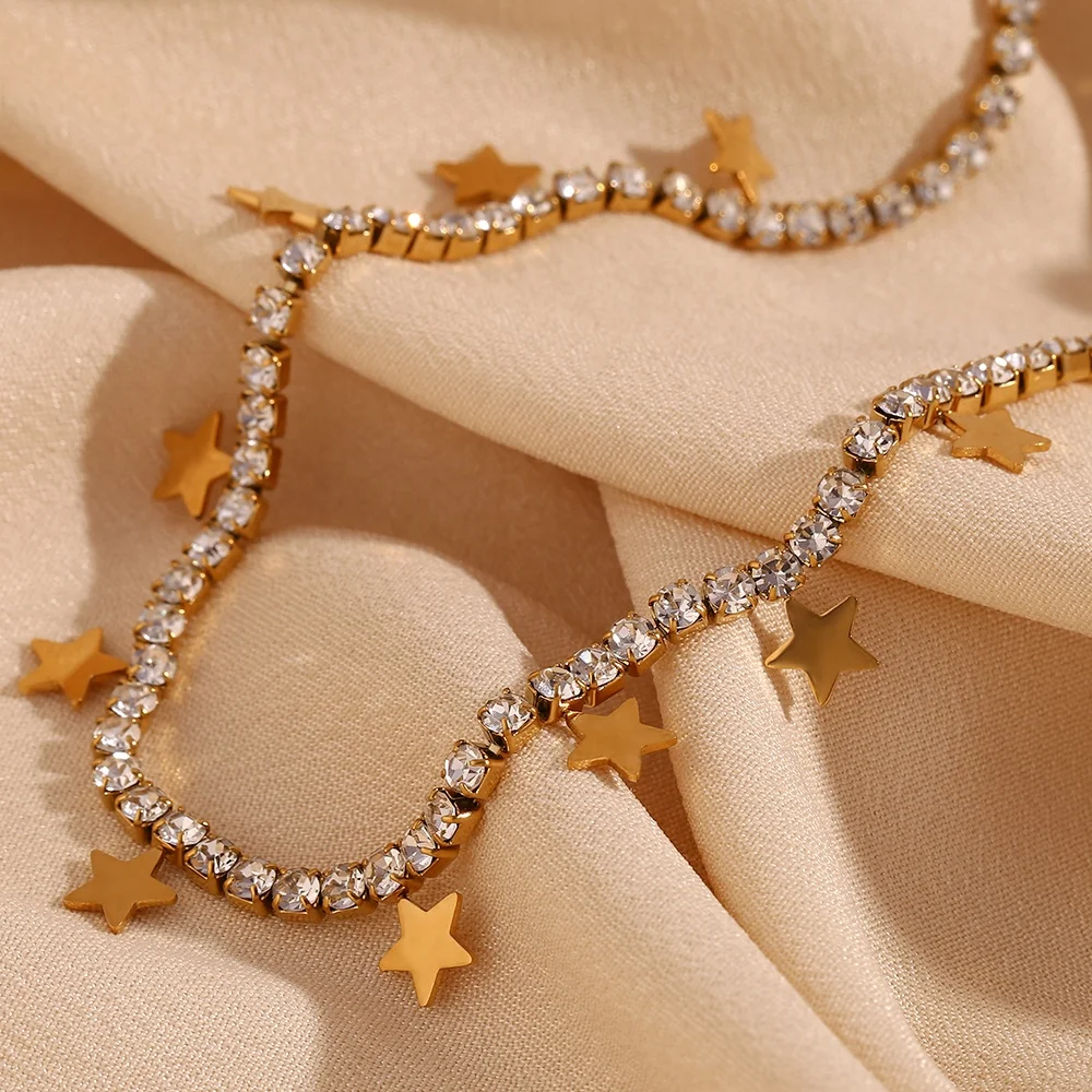 Shining Zircon Tennis Chain Necklace Gold Plated Star Charm Necklace Stainless Steel Jewelry