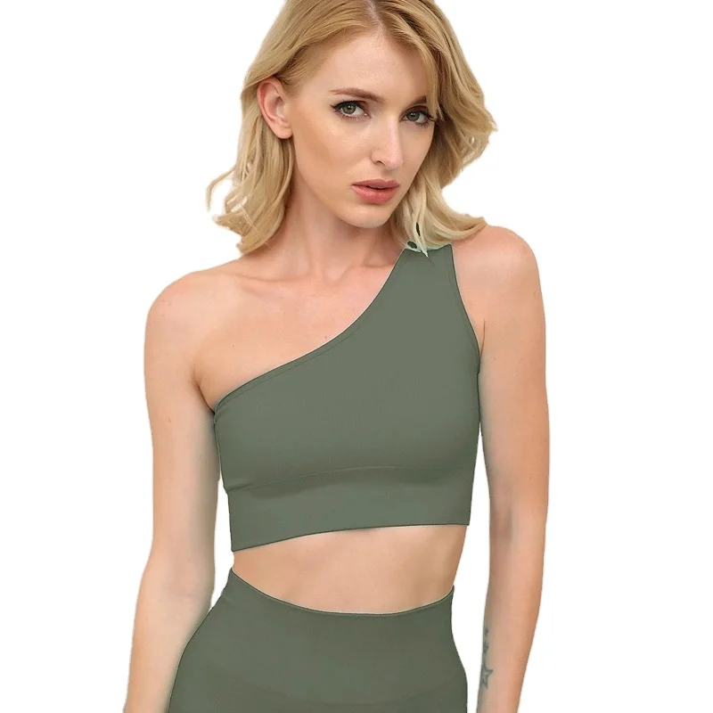 

Ladies one shoulder solid olive-green 2pcs Ladies xxxl 3x Plus Size bra and leggings Yoga Sets, Customized color