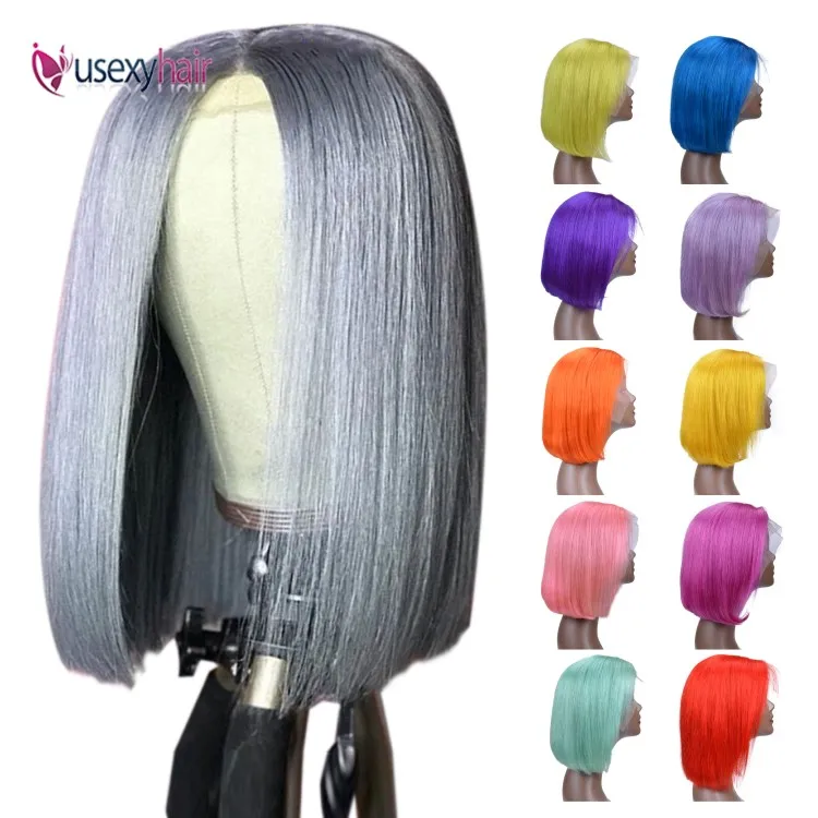 

Pink Color Bob Lace Front Wigs Human Hair Wholesale 613 Blonde Blue Red Grey Green Ombre Short Bob Wigs For Black Women, Orange, pink, yellow, grey,blue, purple