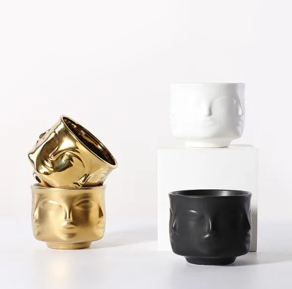 

4-inch gold, black,White Ceramic Small Succulent Cactus Face Planter Head Face Flowers Plant Pots Vase, Customized