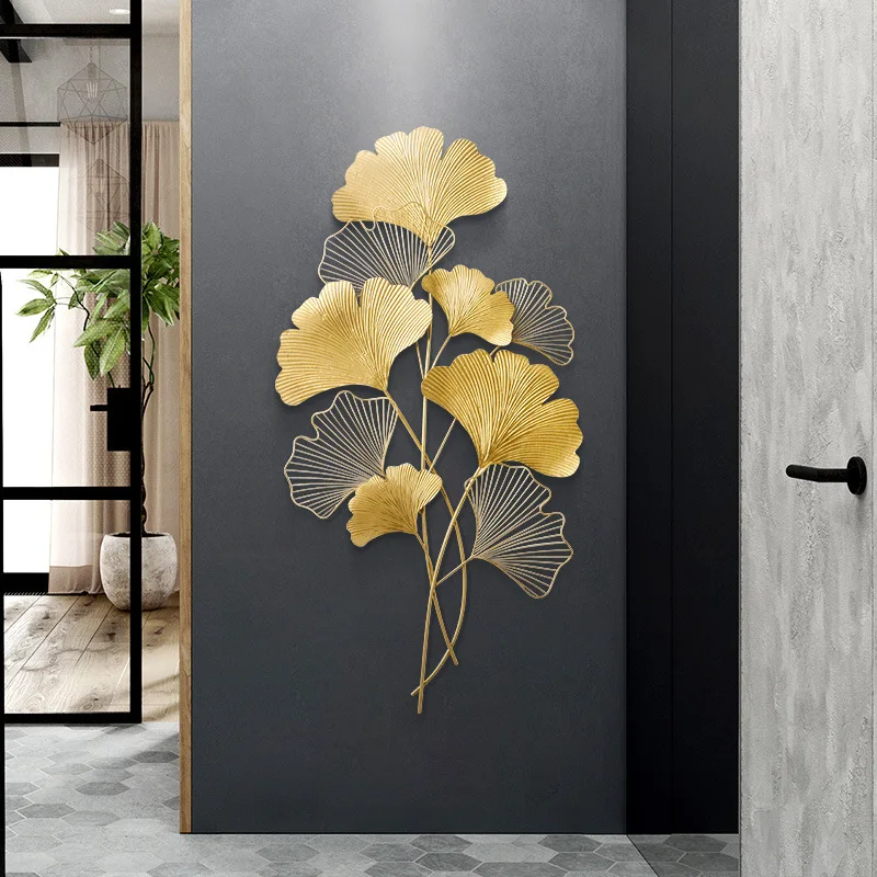 

Luxury Large Wrought Iron Ginkgo Leaf Wall Hanging Art Gold Metal Wall Decorative For Home