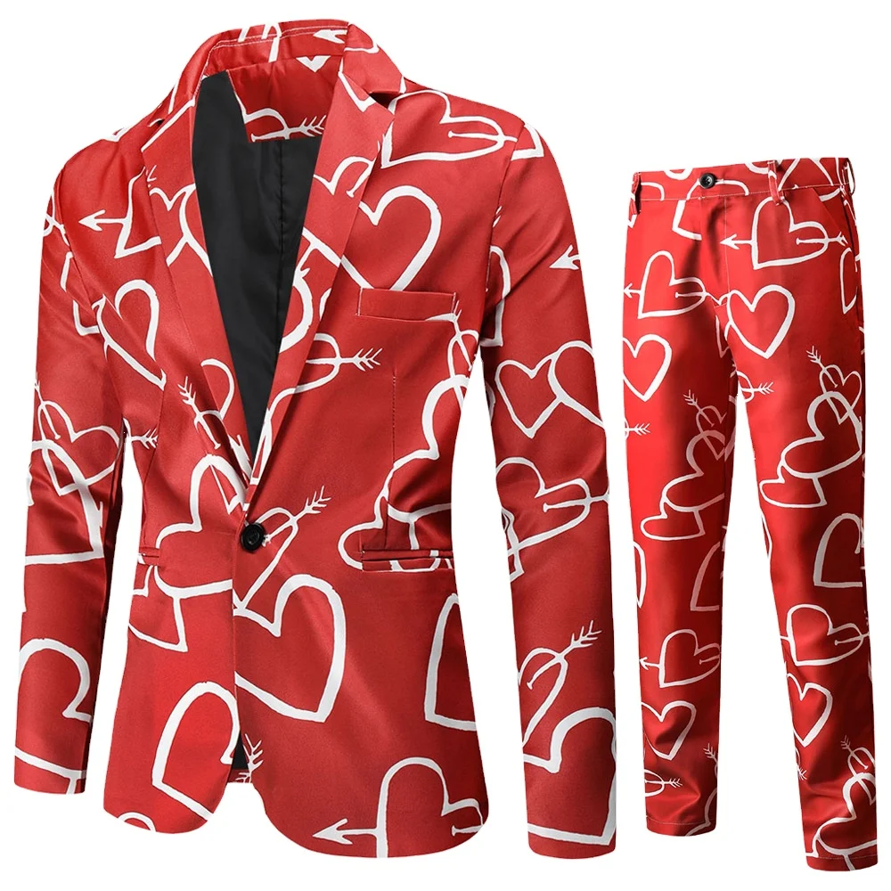 

2022 New Valentine's Day men's suit 3 pieces sets High quality 3 D Red heart printed suit + vest + trousers wedding clothing