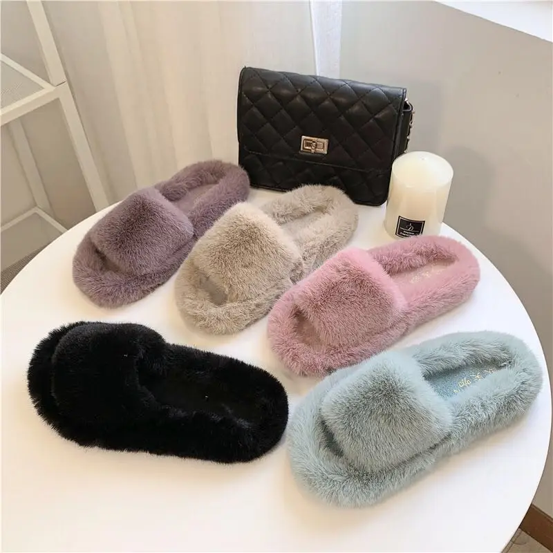 

Cheap Luxury Bunny Furry Faux Fur Slides for Ladies, Wholesale Women Flat Furry Slippers Plush Pink Indoor Fur slides, Customized color