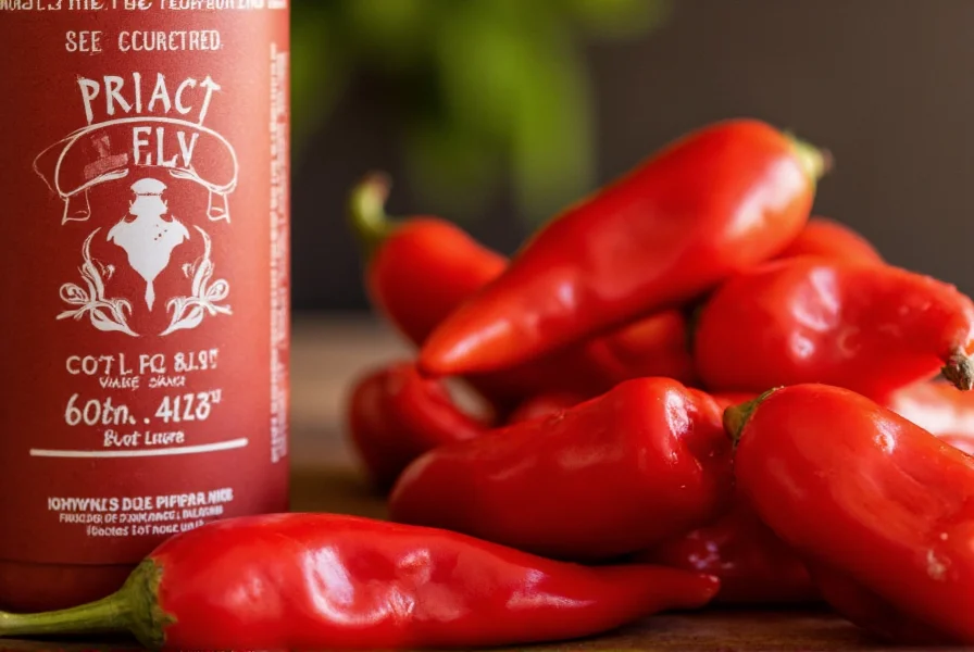 Close-up of ghost pepper hot sauce bottle next to fresh ghost peppers showing vibrant red color and condensation