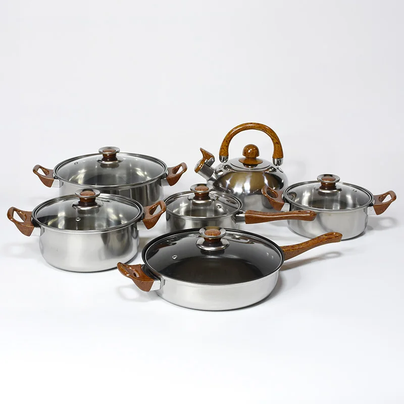 

Factory supply Wood grain handle 12pcs stainless steel non-stick cookware set with kettle&fry pan, Stainless steel color