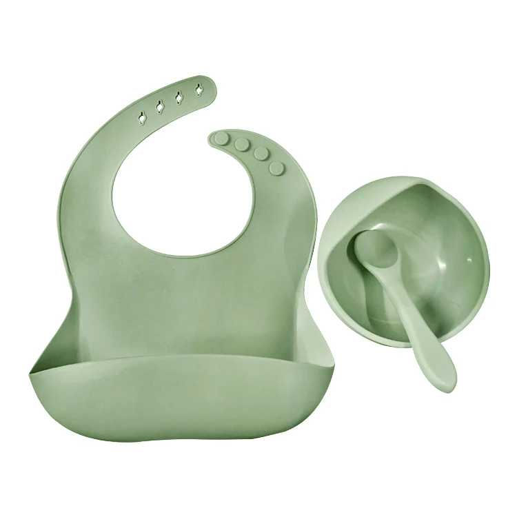 

2021 BPA free Food Grade Baby Feeding Tableware Baby Silicone suction Bowls sets with spoon and bibs, Muted,sage,apricot,ether,clay,mustard,dark grey,custom color