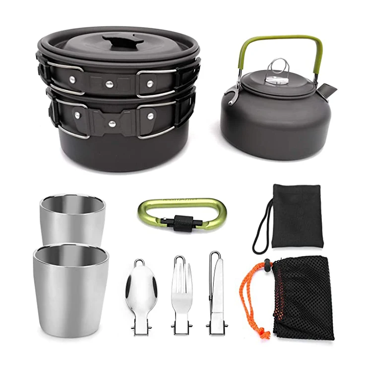 

Backpacking Outdoor Hiking Camping Gear Cooking Utensil Set Pot Pan Kettle 2 Cups Fork Spoon Kit 10pcs Camping Cookware Mess Kit, Gray