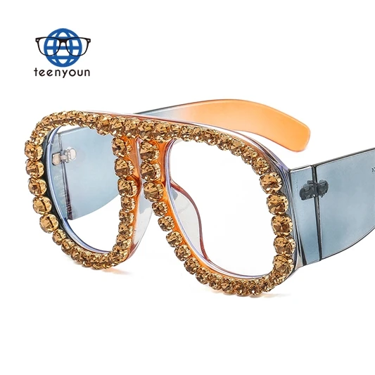 

Teenyoun Anti Blue Light Glasses Frame Women Handmade Rhinestone Big Size Optical Frames Diamond Large Sunglasses 2023 New