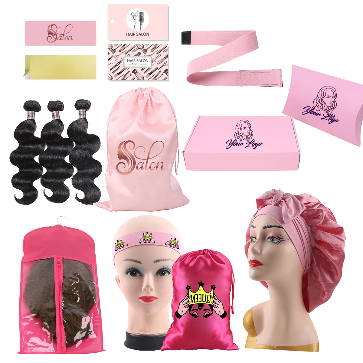 

Customize Logo Pink Virgin Satin Bag/Edge Scarf/Hang Tag/Sticker Bundle Wrap/Women Bonnets Wig Packaging Set