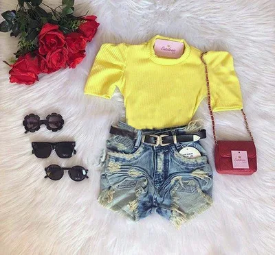 

1-6Y Summer Girls Clothes Sets Kids Half Puff Sleeve Pullover Solid Ribbed T Shirts Tops Denim Shorts 2pcs