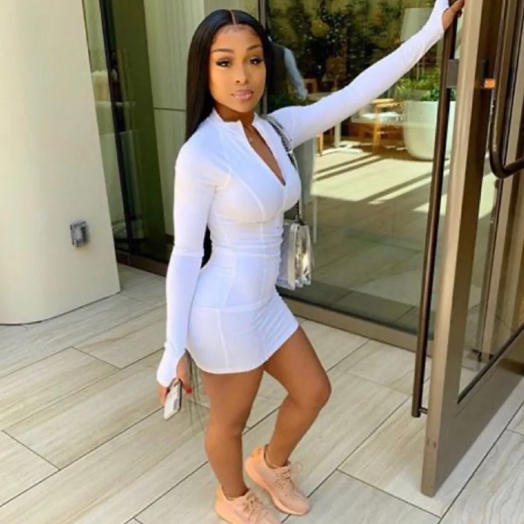 

wholesale fashion S~3X high stretch long sleeve sexy white dress casual bodycon short dresses women