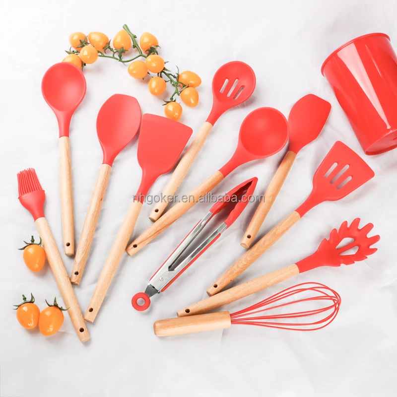 

Premium Kitchen Accessories Wood Handle 12Pieces Kitchen Tool Silicone Kitchen Cooking Utensils Set With Holder, Pink