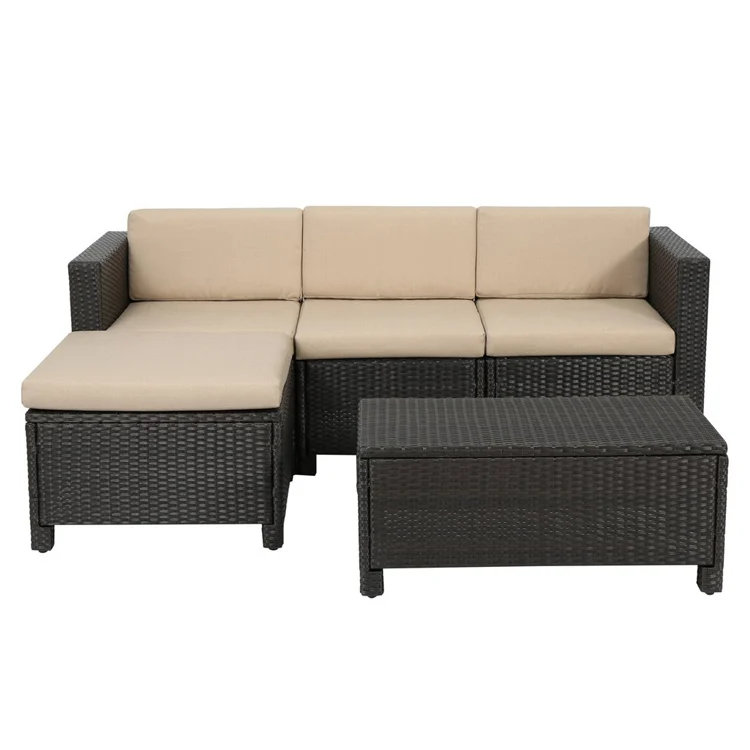 

Outdoor 5-piece Dark Brown Wicker Sectional Sofa Set with Beige Cushions