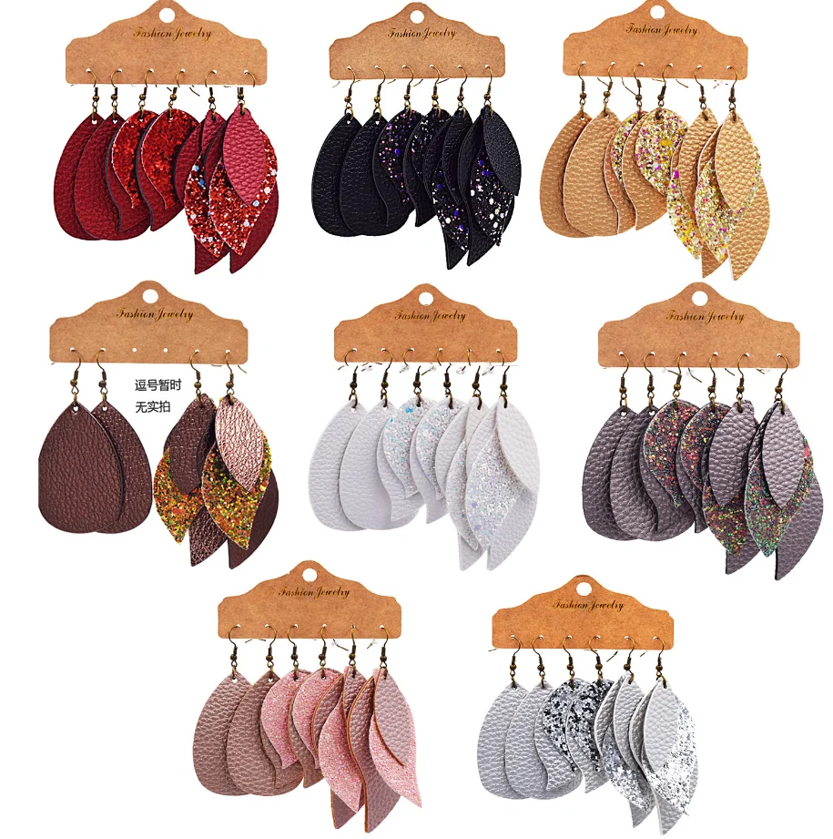

3pcs\set S-type Multicolor Multilayer Leather Bling Water Drop Dangle Earrings Wholesale, Shows as pictures