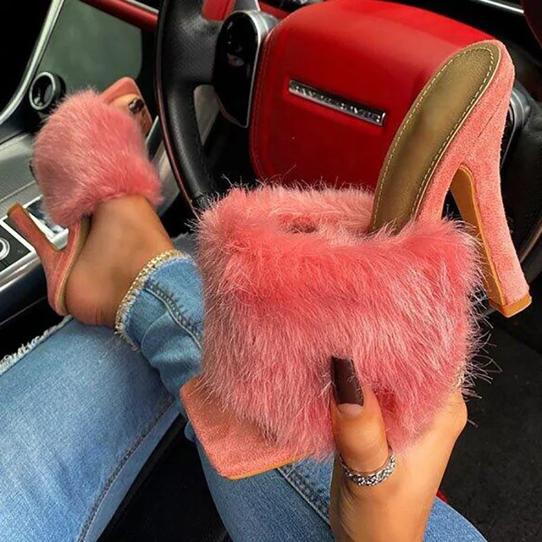 

Fluffy Fur Single Band Daily Thin Heel Big Size Warm Women Sandals Square Peep Toe Slip-on Summer Slides Shoes For Lady Slippers, Purple,blue,coffee,pink