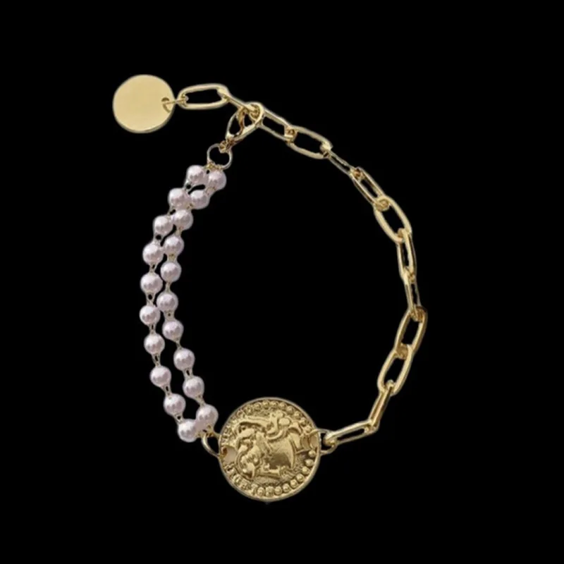 

fashion trendy jewelry gold plated beauty head pearl chain bracelet