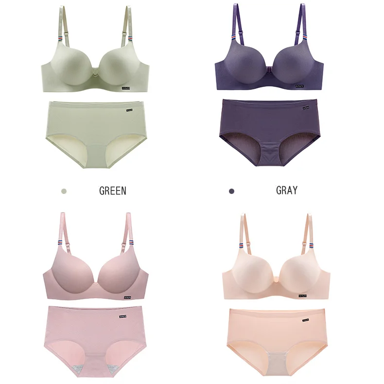 

French simple British ice silk bra set, one-piece thick cup girls gathered without steel ring female underwear factory wholesale