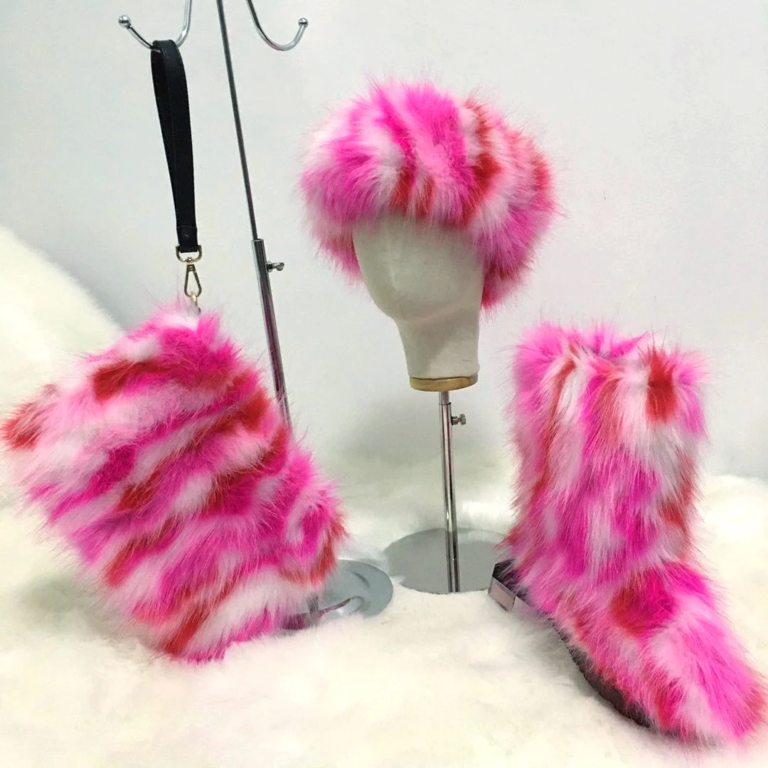

2020I Guangzhou factory winter kids size fur boots and fur headbands and fur purses as set for kids ready to ship, Mix colors and soild colors