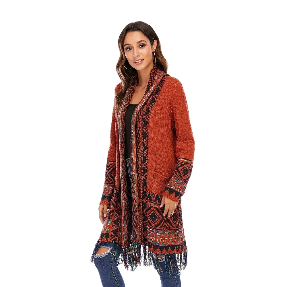 

Elegant Summer Autumn Winter Long Bohemian Knit Women Casual Cardigan Sweater With Tassel For Women