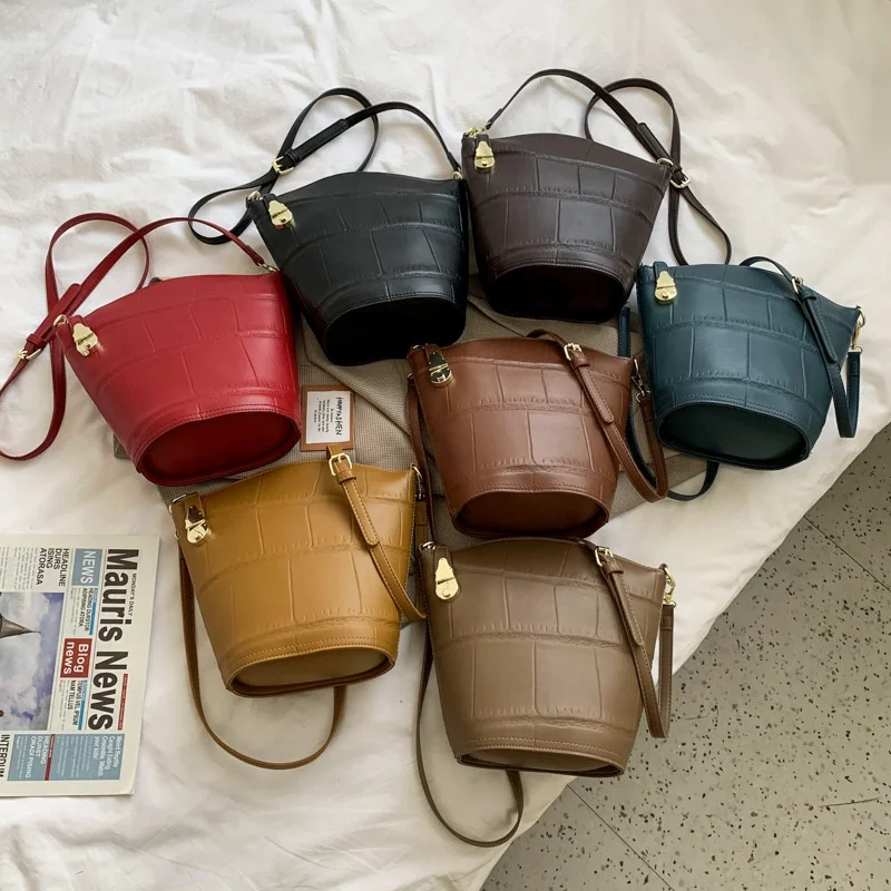 

Latest Popular Ladies Vintage Pu Leather Shoulder Bags Stone Pattern Bucket Bag Purses